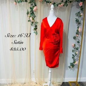 Elegant Red Satin Long Sleeve Dress with bow detail